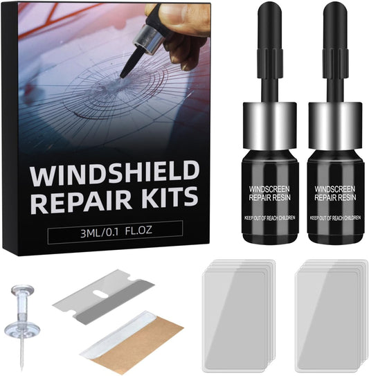 Windshield Repair Kit, Car Windshield Chip Repair Kit, Nano Glass Crack Repair, Auto Glass Crack Chip Quick Fix Tools, Bulls-Eye and Star-Shaped Crack-2 Bottles
