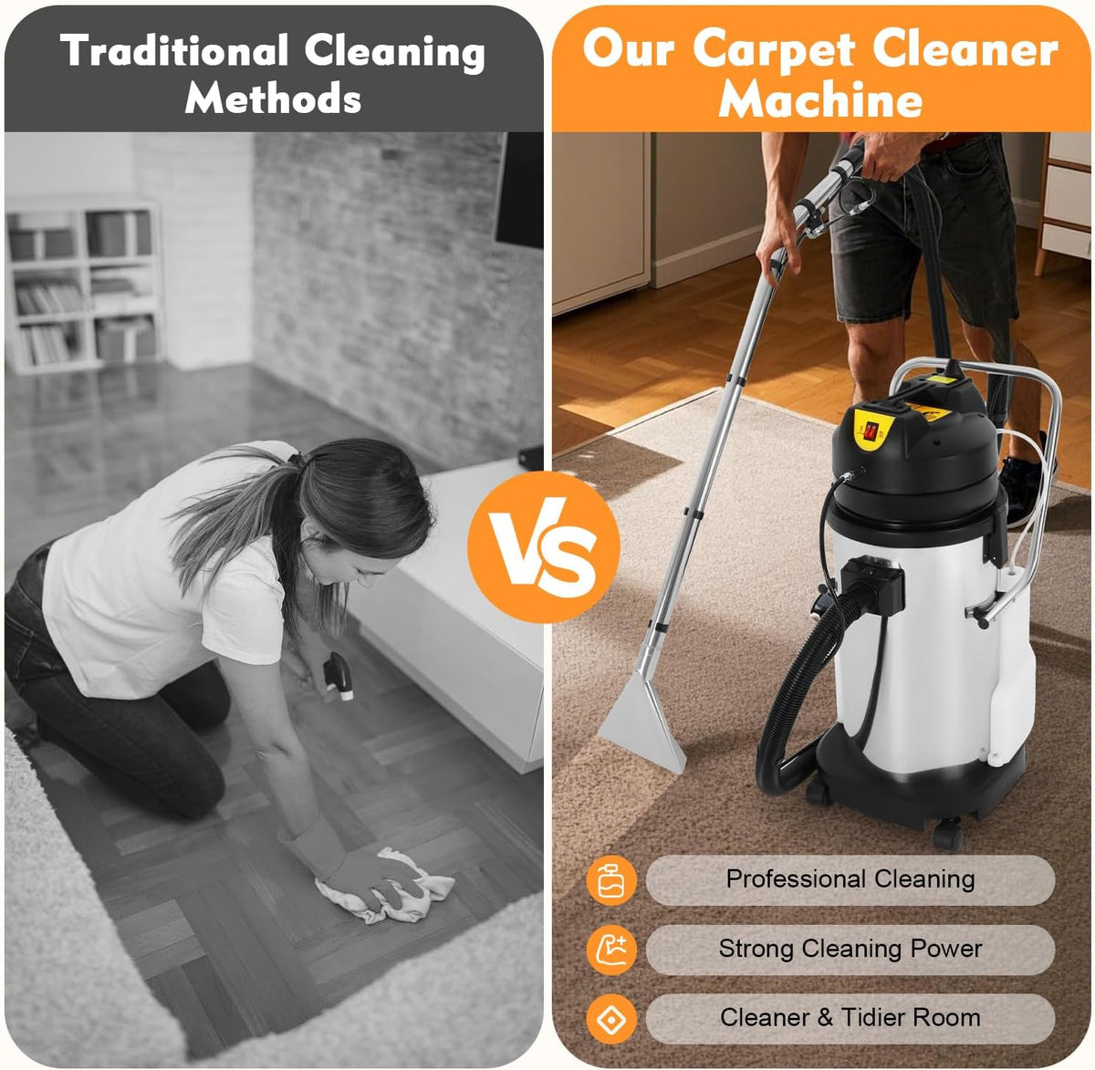 40L/10.6Gal Commercial Carpet Cleaner Machine, 3-in-1 Heavy Duty Extractor Vacuum with 1049W Power & 230mbar Suction, Professional Upholstery Cleaner for Sofa Curtain Car, Stainless Steel Wet Dry Vac