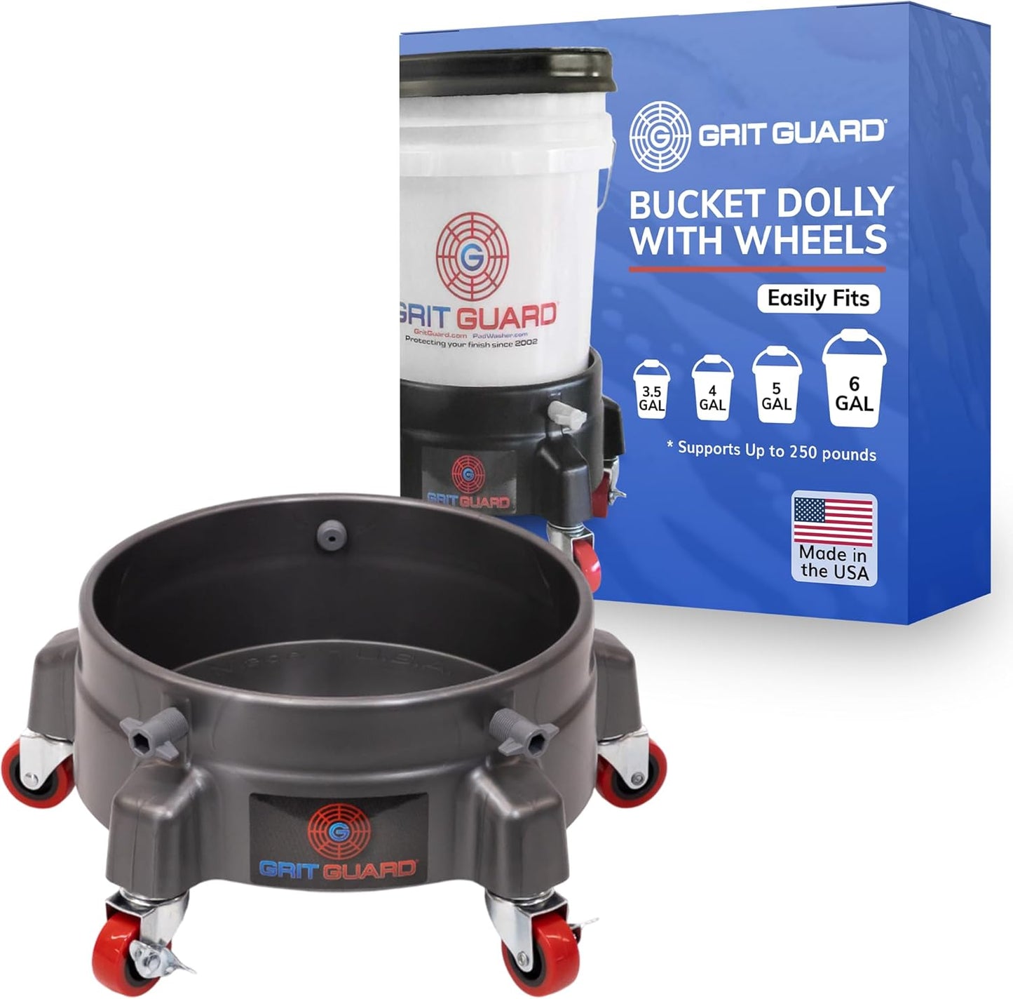 GRIT GUARD Bucket Dolly with Wheels - Rolling Detailing Wash Bucket with 5 Wheels and 2 Locking Casters Compatible with 2.5, 4, 5 and 6 Gallon Buckets (Black, 2" Red Casters) - Made in the USA