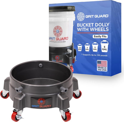 GRIT GUARD Bucket Dolly with Wheels - Rolling Detailing Wash Bucket with 5 Wheels and 2 Locking Casters Compatible with 2.5, 4, 5 and 6 Gallon Buckets (Black, 2" Red Casters) - Made in the USA