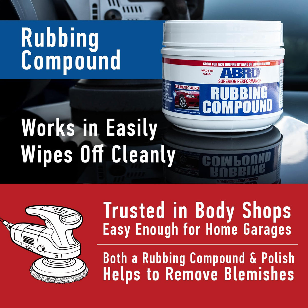 ABRO Polishing Compound 10 oz — Fine Cut Car Polish & Scratch Remover for Vehicles, Oxidized Paint, Swirl Marks, Scuffs, Dull Finish, Buffing & High-Gloss Auto Detailing