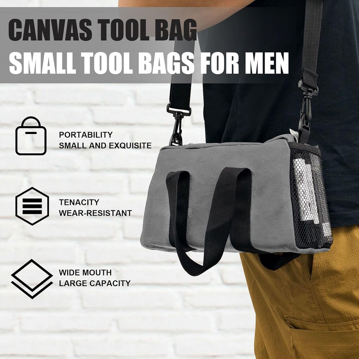 Small Tool Bag,Close Top Wide Mouth Tool Organizer Bag,Large Capacity Tool Bags for Men,Canvas Tool Storage Bag for Storage Handbag for Screwdrivers,Wrench,Pliers Hand Tools (black, 12 Inch)