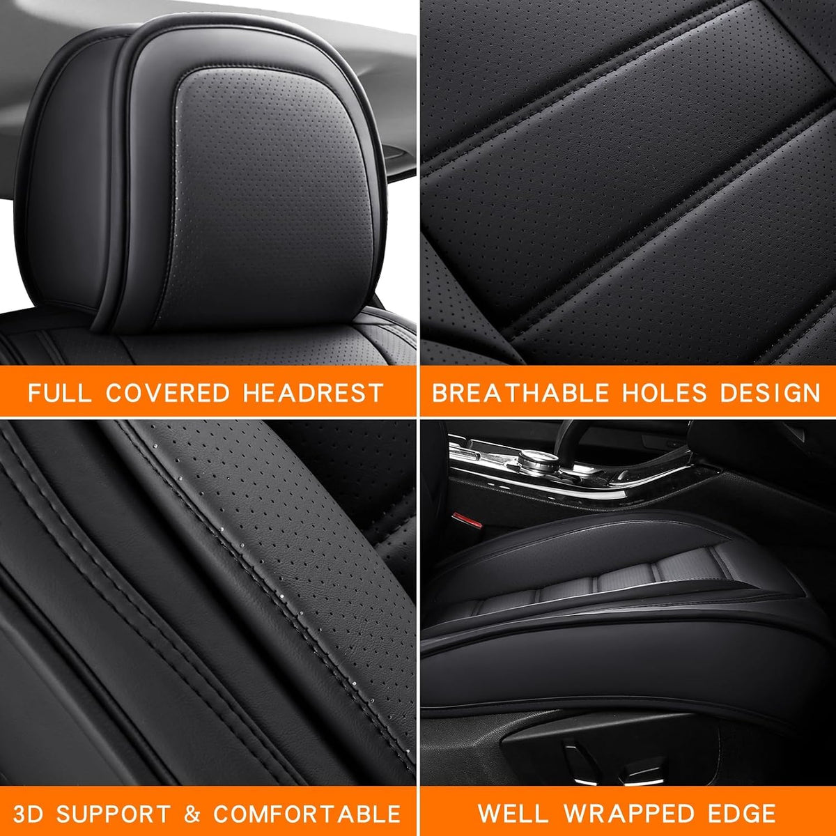 MINGBRON Car Seat Cover Full Set, Leather Car Seat Cover, Waterproof Seat Covers, Car Seat Cushion, Nappa Leather Seat Covers Car Seat Protector Universal Fit Most Cars Black