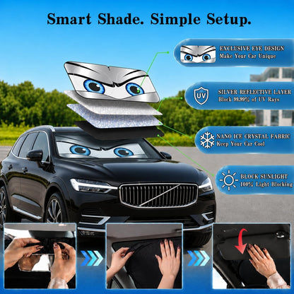 Car Windshield Sun Shade, Funny Cartoon Eyes Sun Visor for Car Windshield Universal Fits Sedan Compact Car Hatchback SUV, UV Heat Protection - 59 x 27.5