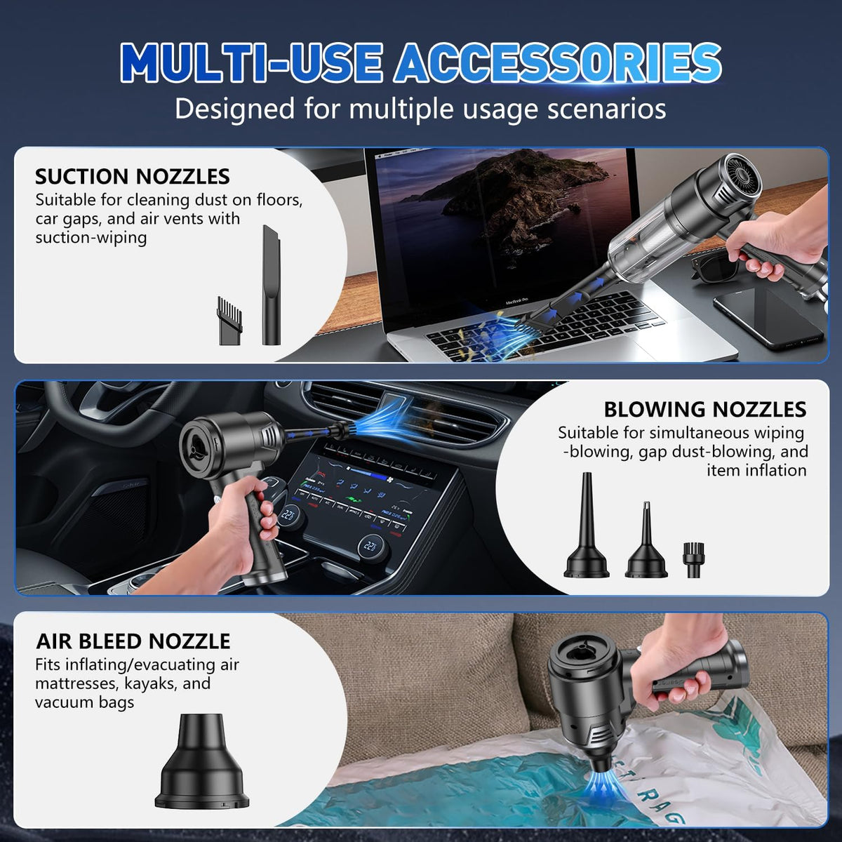 KMM Handheld Car Vacuum Cleaner, 10000PA Vacuum Cleaner & Air Duster, 120W High Power Hand Held Vacuum Cordless, Portable Vacuum Rechargeable with Multi-Nozzles & LED Light for Car, Home, Pet, Office
