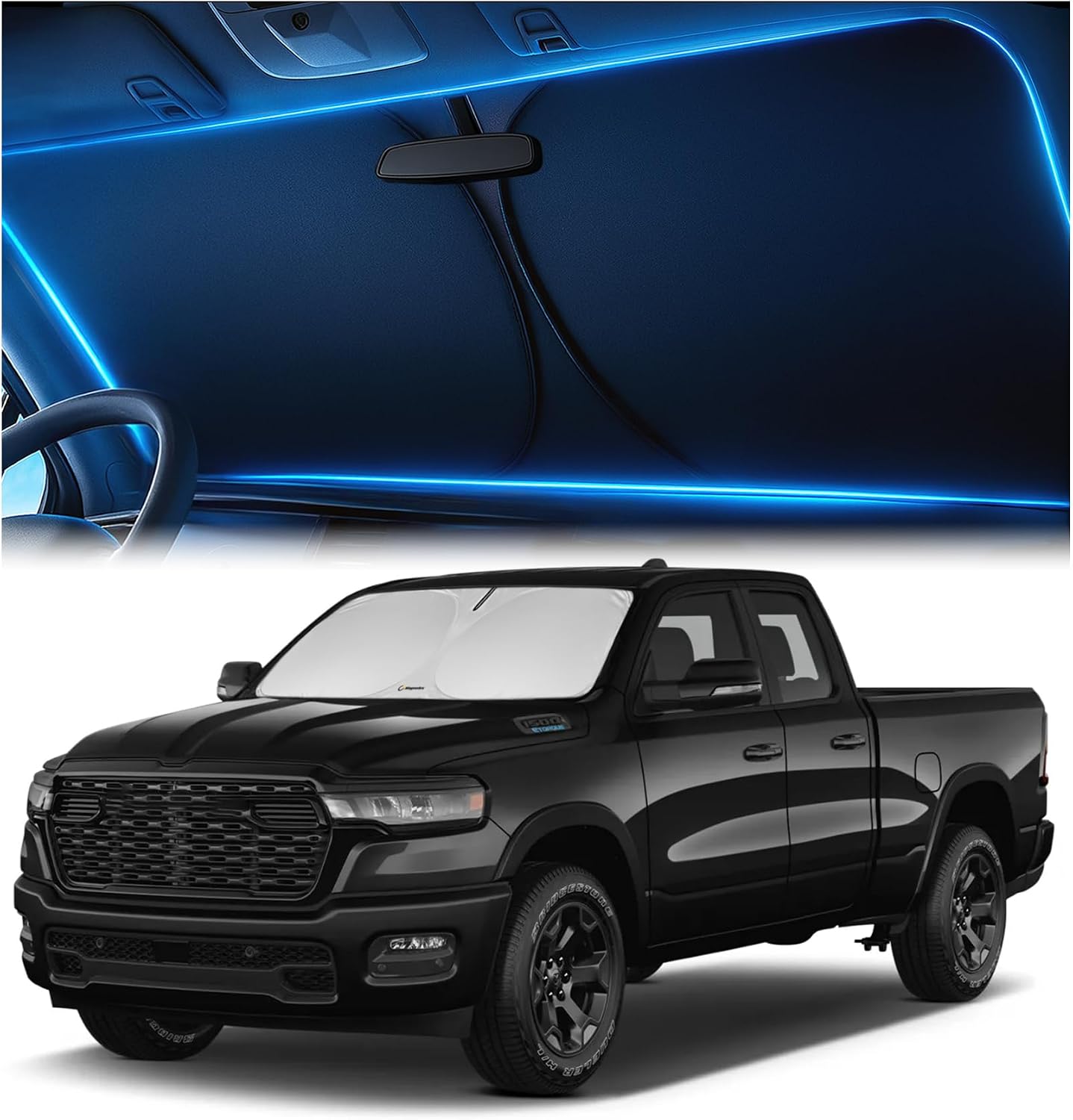 Magnelex Windshield Sun Shade for Dodge RAM 1500 2019-2023 2024 2025 2026, Foldable Car Window Sunshade, Heat & UV Visor Cover, Reflective Front Shades Accessories - Colors A