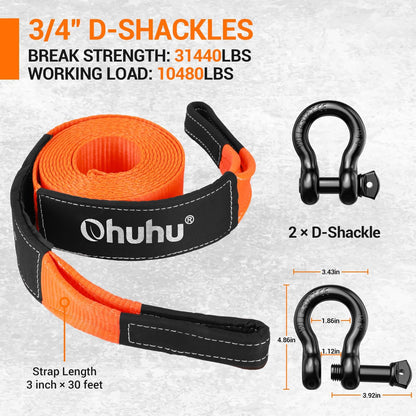 Ohuhu Heavy Duty Tow Straps Recovery Kit 3" x 30ft, 31,944 lbs Break Strength, Triple Reinforced Loop, Protective Sleeves, Tow Strap Heavy Duty with 3/4" D-Ring Shackles for Truck, Jeep, SUV, ATV