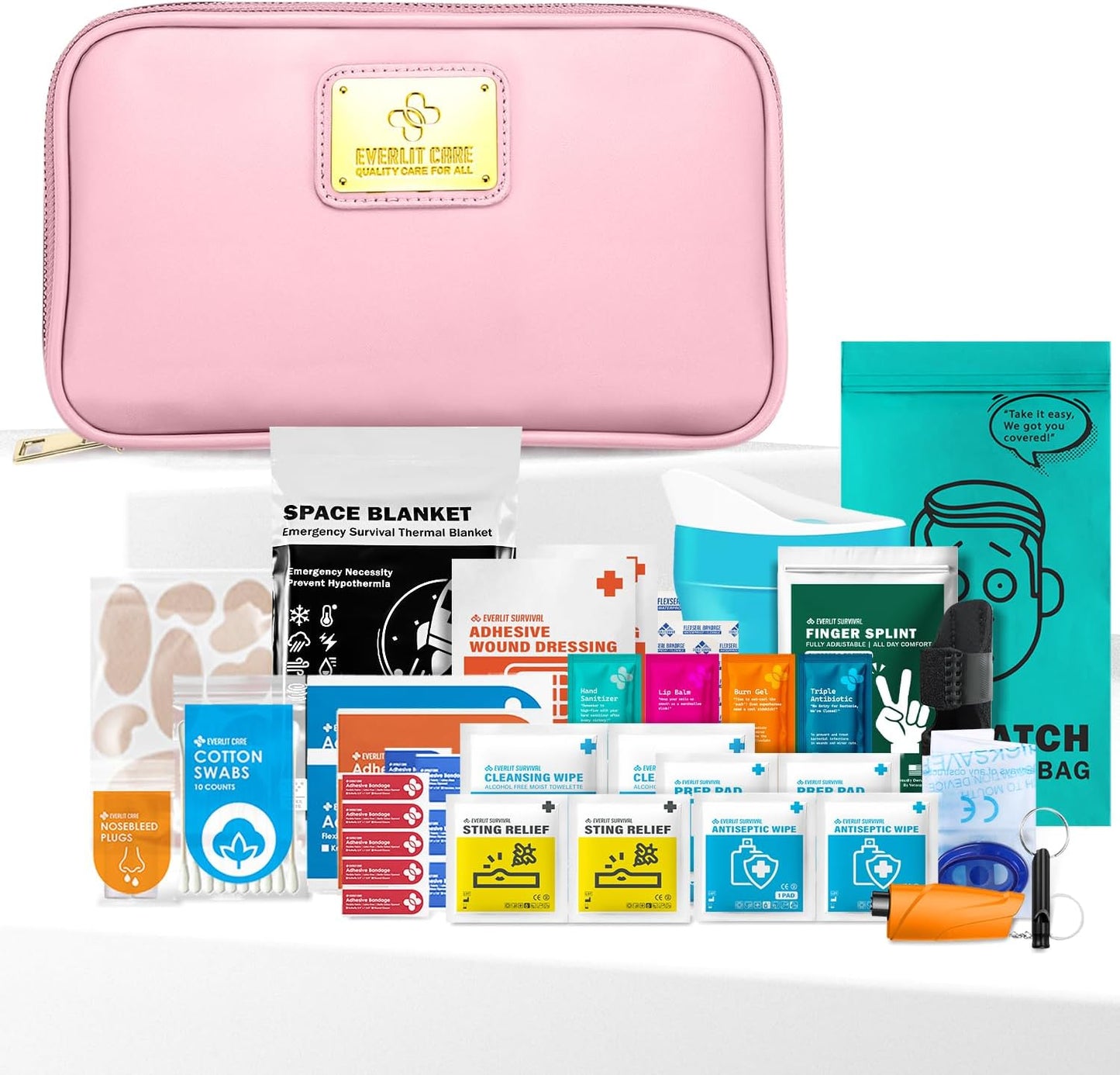 EVERLIT CARE Car First Aid Kit with Emergency Supplies Survival Gear Including Window Breaker Disposable Urine Bag Mountable Survival Kit for Family Travel in Car (Pink)