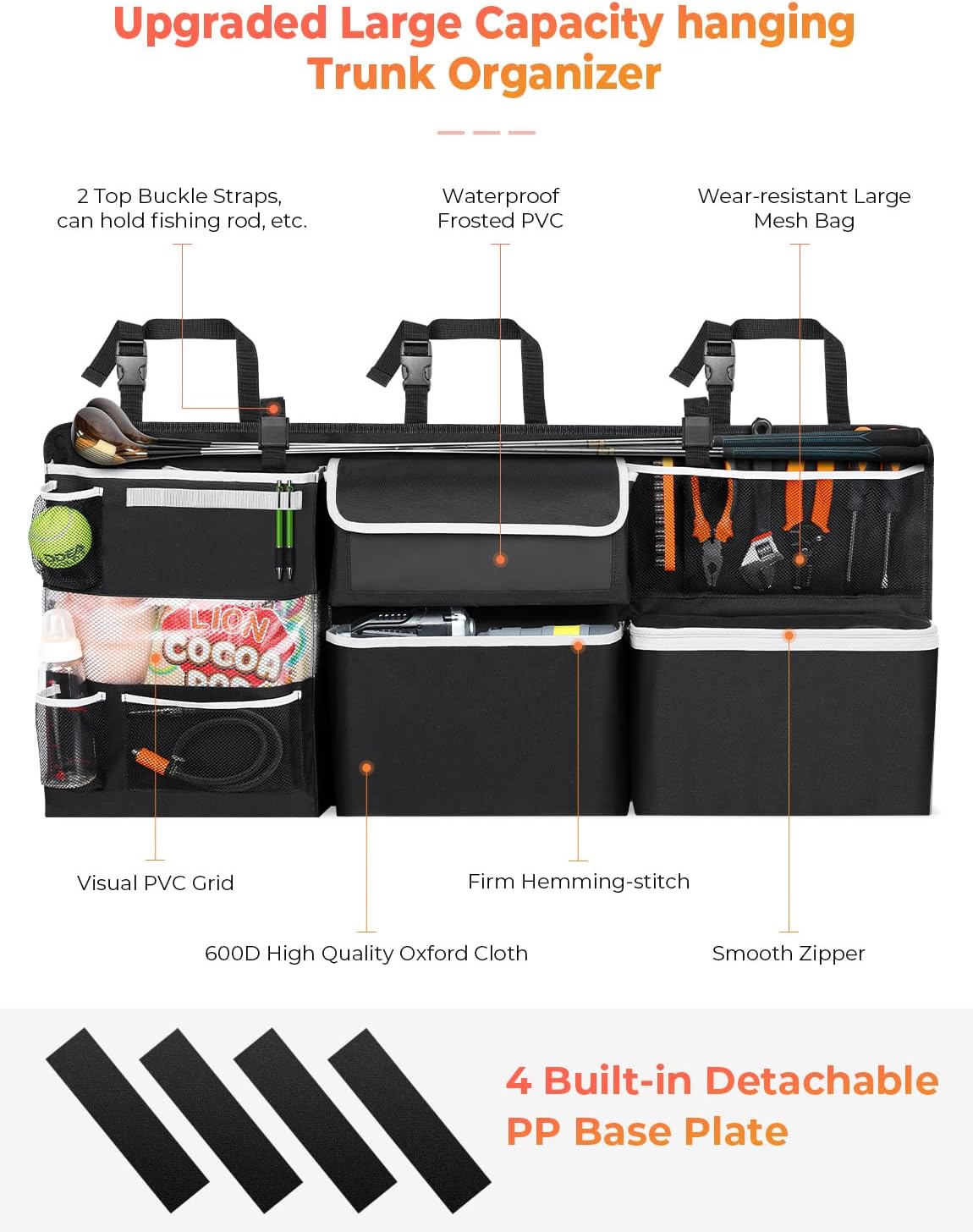 Oasser Back Seat Trunk Organizer Hanging Car Organizer Foldable Cargo Storage with 6 Large Pockets 3 Adjustable Straps 40x19inch