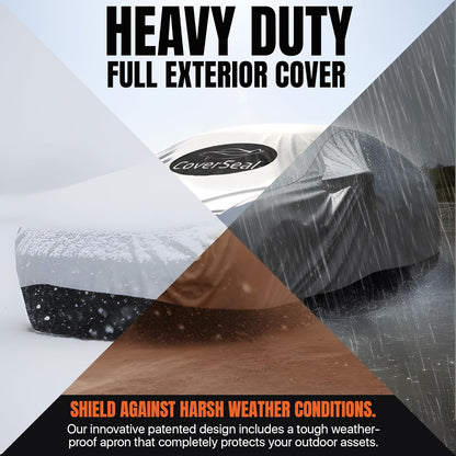 Heavy Duty Outdoor Car Cover with Patented Weighted Ground Conforming Apron Seal – Wind Resistant, Dust, & Water Protection for Automobiles - Sports Size 189 L x 75 W x 67 H inch Max