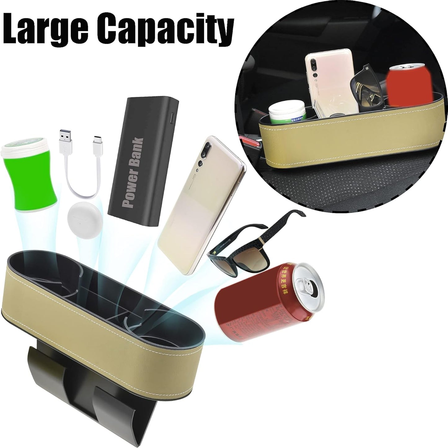 IOKONE Car Cup Holder, Auto Cup Drink Holders，Multifunctional Auto Front Seat Organizer with PU Leather Cover, Gap Filler Storage Box Coin Bucket Console Side Pocket Cell Mobile Phone Holder (Black)