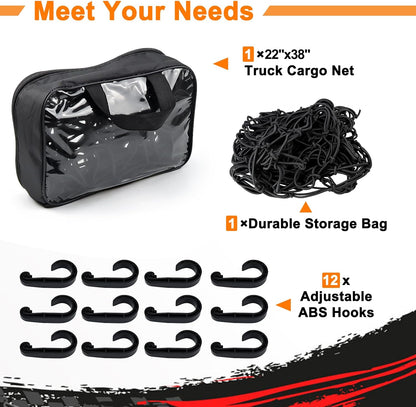 Cargo Net 4' x6' Stretches to 8' x 12' Truck Cargo Net for Pickup Truck Bed- Small 4"x4" Mesh Grid Super Duty Bungee Heavy Duty Bed Netting with 12 Adjustable Metal Carabiners by Cenipar