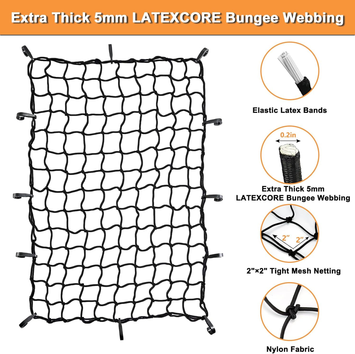 Cargo Net 4' x6' Stretches to 8' x 12' Truck Cargo Net for Pickup Truck Bed- Small 4"x4" Mesh Grid Super Duty Bungee Heavy Duty Bed Netting with 12 Adjustable Metal Carabiners by Cenipar