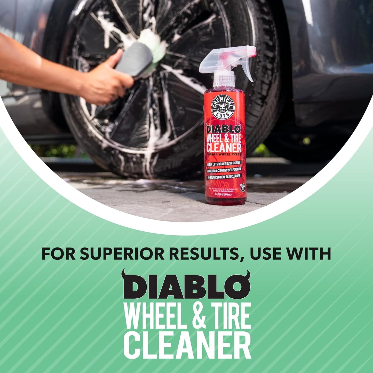 Chemical Guys Wheelie All Exterior Surface and Wheel Brush, Wheel Cleaner Brush with Soft Bristles, Safe Cleaning of Rims, Tires, and Exterior Surfaces on Cars, Trucks, Motorcycles, RVs, & More, Green