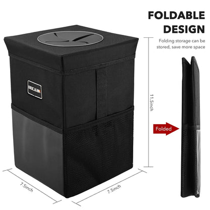 Car Trash Can with Lid - Trash Bag Hanging with Storage Pockets Leak-Proof SUV Organizer Collapsible and Portable Waterproof Truck Garbage Bin, 2.6 Gal Large Capacity Multipurpose Trash Bin for Van