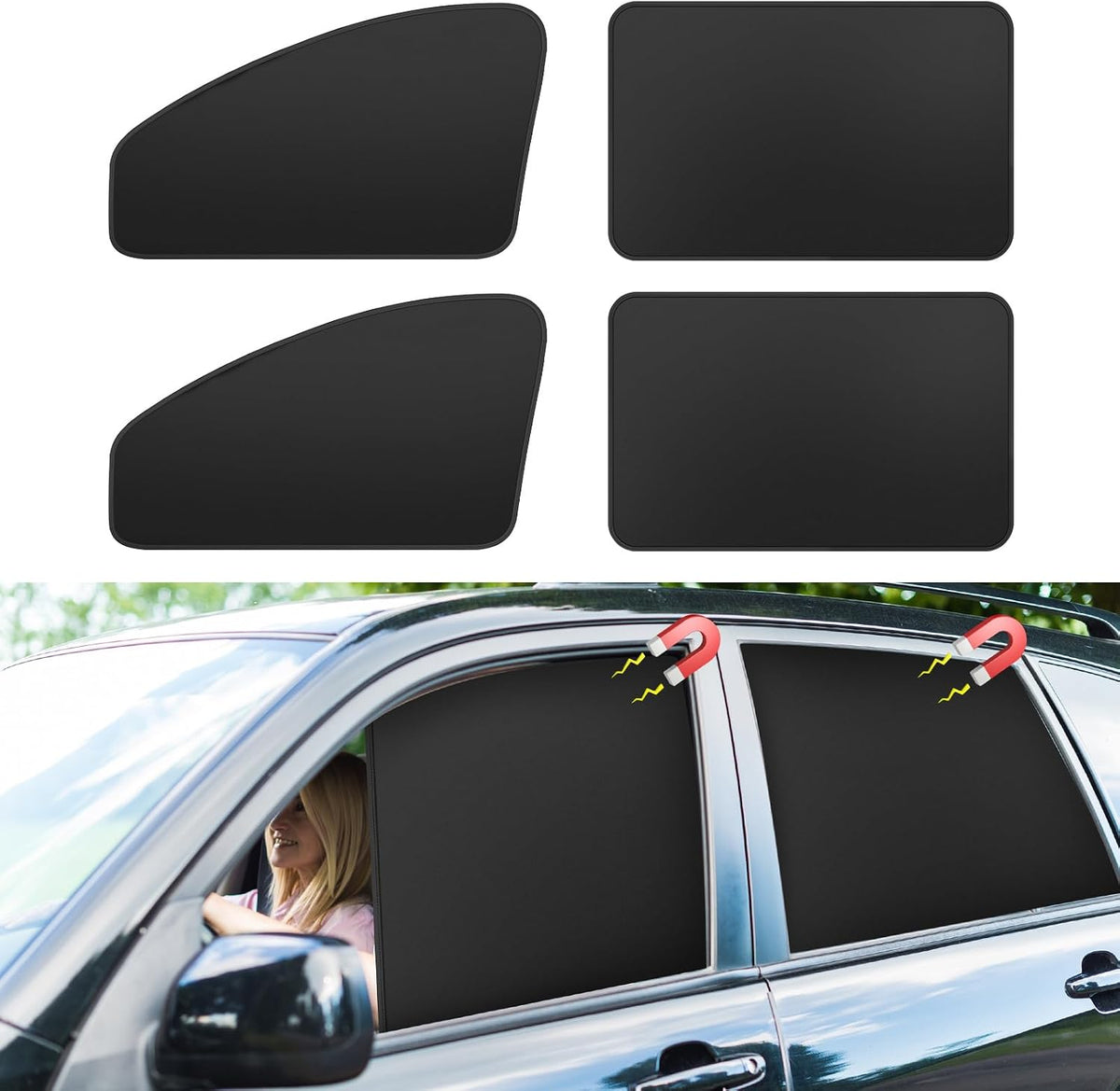 Car Window Sun Shades Curtains - Magnetic Privacy Curtains Side Window Sun Shades 100% Block Light Car Window Covers with Cooler Feeling 4Pcs, Thicken(Thickset, 4pcs)
