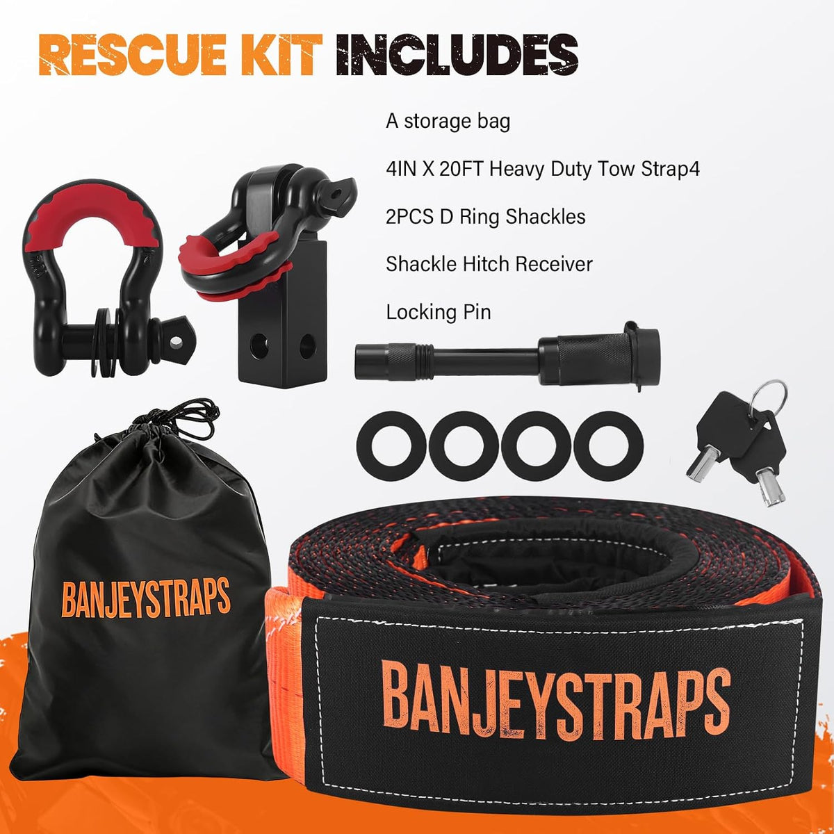 45,000 lb Recovery Tow Strap Kit with 3/4" Shackles（2pcs） - 4" x20' Heavy Duty Snatch Strap for Off-Road Truck & Jeep Recovery, Includes Storage Bag for SUV & 4x4 Vehicle Emergency
