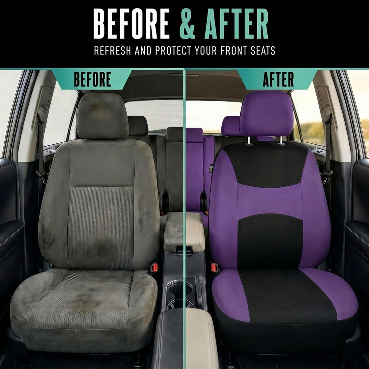 FH Group Full Set Cloth Car Seat Covers, Universal Fit Front and Split Bench Rear, Airbag Compatible, Washable for SUV, Sedan, Van - Black