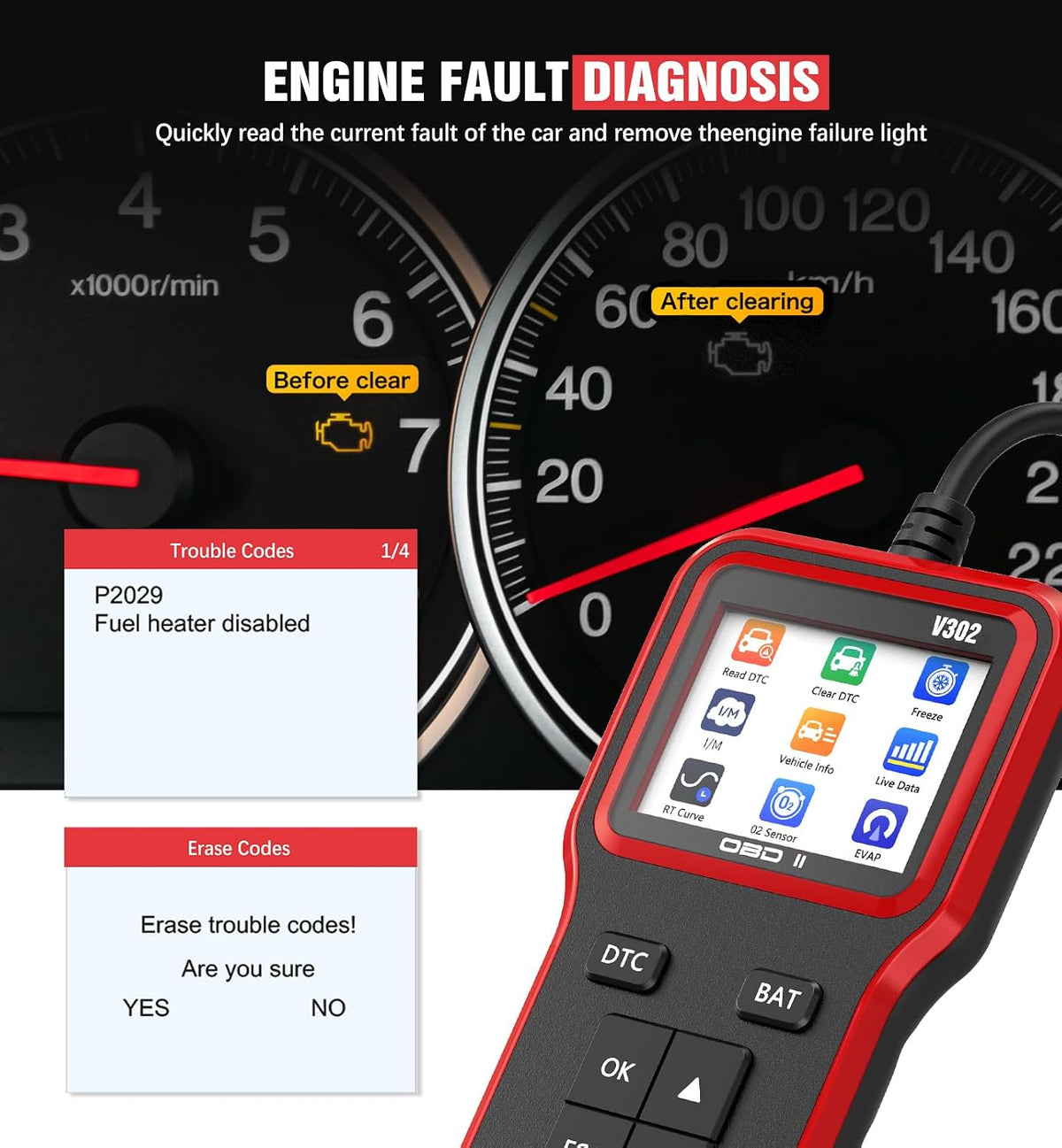 UMEIJA OBD2 Scanner with Upgrade Battery Tester - Diagnostic Tool for Cars That Check Engine Light & Emissions Readiness Read and Clears Vehicle Error Codes for All OBD II Protocol Vehicles Since 1996