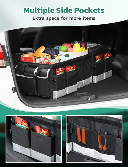 Oasser Car Trunk Organizer, 3 Compartments Collapsible Waterproof Car Organizer Storage with Foldable Cover, Reflective Strip, Non-Slip Bottom, 4 Mesh Pockets for SUV/Truck/Sedan/Camping/Road Trip