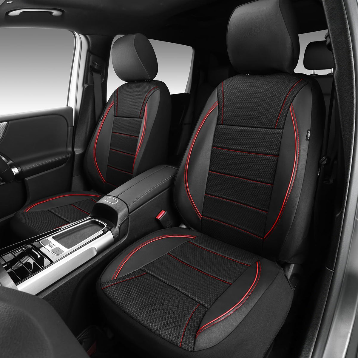 CAR PASS Universal FIT Piping Leather Two Front Seat Covers, Waterproof Faux Leather for SUV Sedan Van Truck, Airbag Compatible,Reserved Opening Holes for Headrest Covers. (Black red)