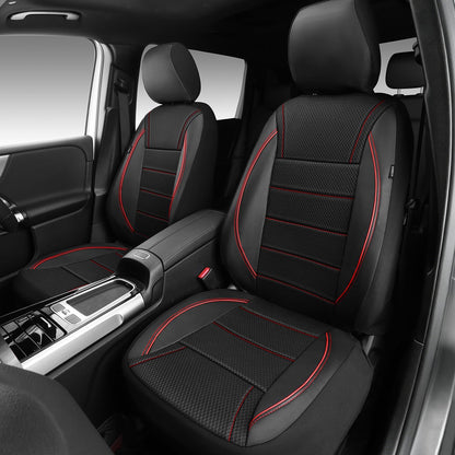CAR PASS Universal FIT Piping Leather Two Front Seat Covers, Waterproof Faux Leather for SUV Sedan Van Truck, Airbag Compatible,Reserved Opening Holes for Headrest Covers. (Black red)
