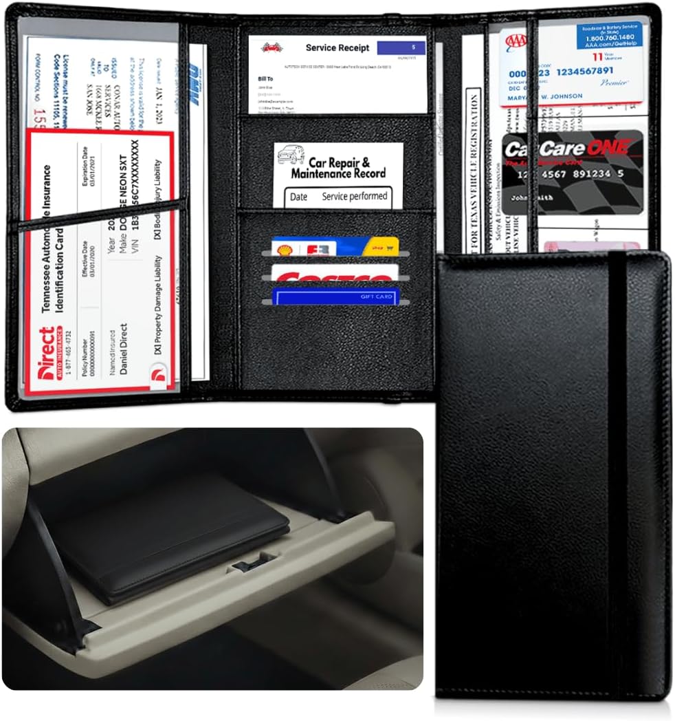 LINTRU Car Registration and Insurance Holder Trifold, Oversized Fit with Reinforced Construction, Matte PU Leather Vehicle Glove Box Organizer for Documents, Car Accessories for Men and Women