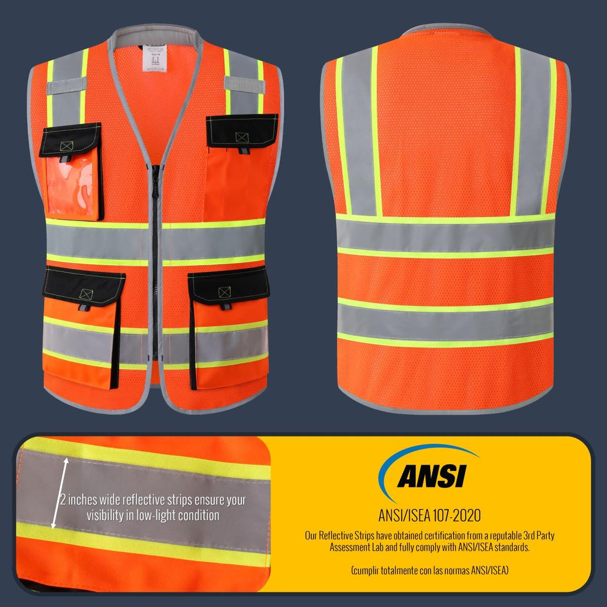 JKSafety Safety Vest for Men Women Hi Vis with Pockets and Cushioned Collar Construction Vest Meet ANSI Standard (BX360)