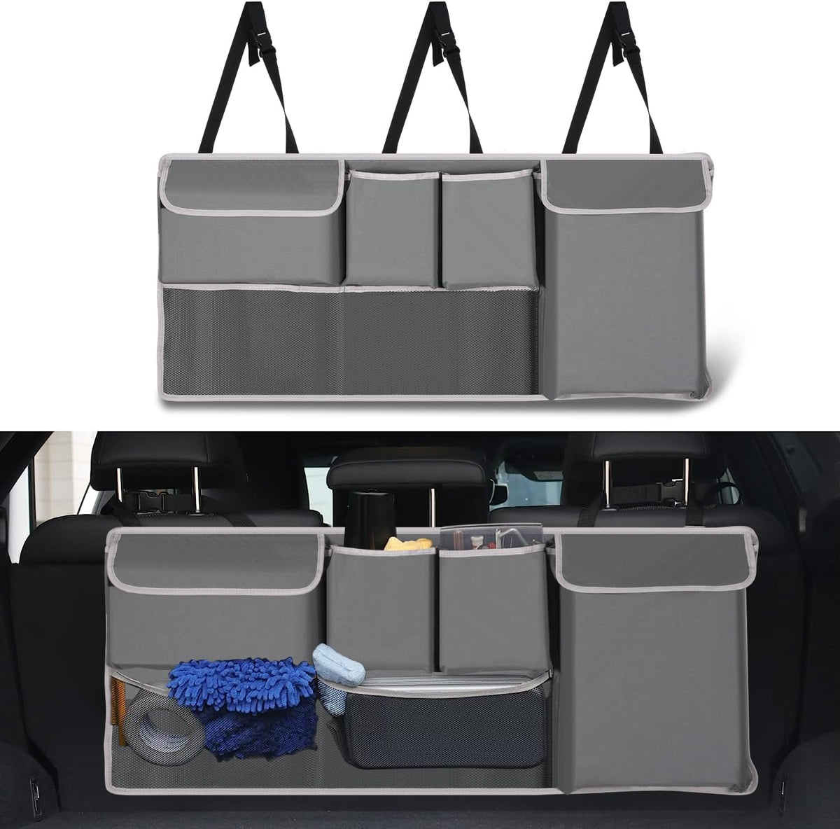 UYYE Trunk Hanging Organizer, Backseat Bag, Car Interior Accessories with 4 Pockets & 2 Mesh Pouches for Groceries, Will Provide More Storage Trunk Space for SUV, Jeep, MPVs