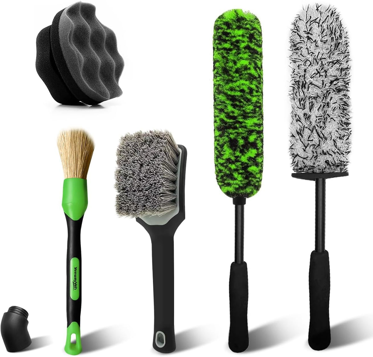 YeewayVeh 3PCS Quick Car Wheel Brush Kit, 2-Size 360° Bendale Rim Cleaner Brushes, Boars Hair Detailing Brush, Fast Scratch-Free Cleaning for Car Wheels, Motorcycle, Green