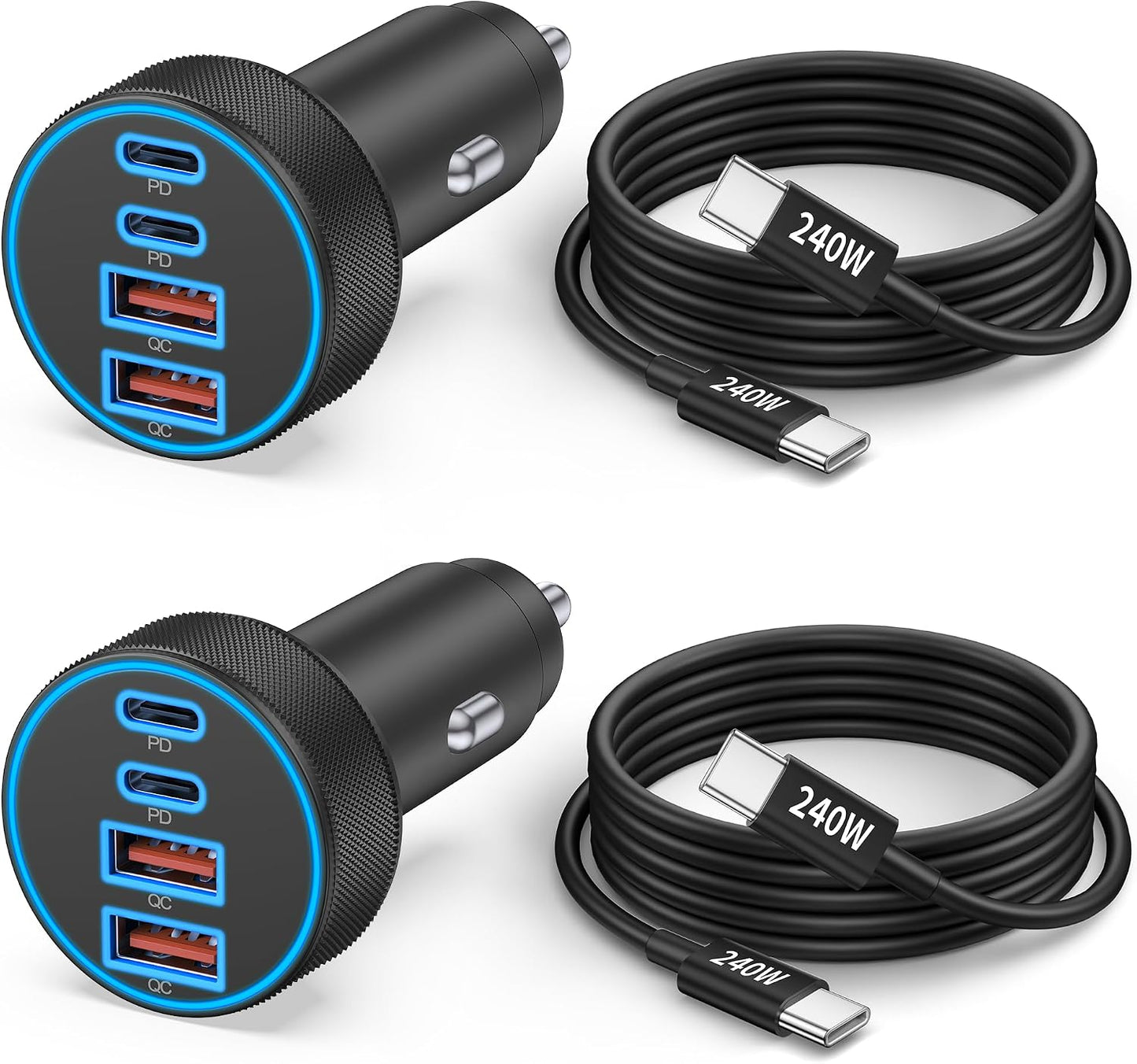 iPhone 17 16 15 Car Charger Fast Charging, 90W 4-Port USB C Fast Car Charger Cigarette Lighter Adapter with 240W 3FT USB-C Cable for iPhone 17/Air/17 Pro/17e/16/15 Pro Max/Plus/16e, iPad, Android