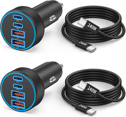 iPhone 17 16 15 Car Charger Fast Charging, 90W 4-Port USB C Fast Car Charger Cigarette Lighter Adapter with 240W 3FT USB-C Cable for iPhone 17/Air/17 Pro/17e/16/15 Pro Max/Plus/16e, iPad, Android