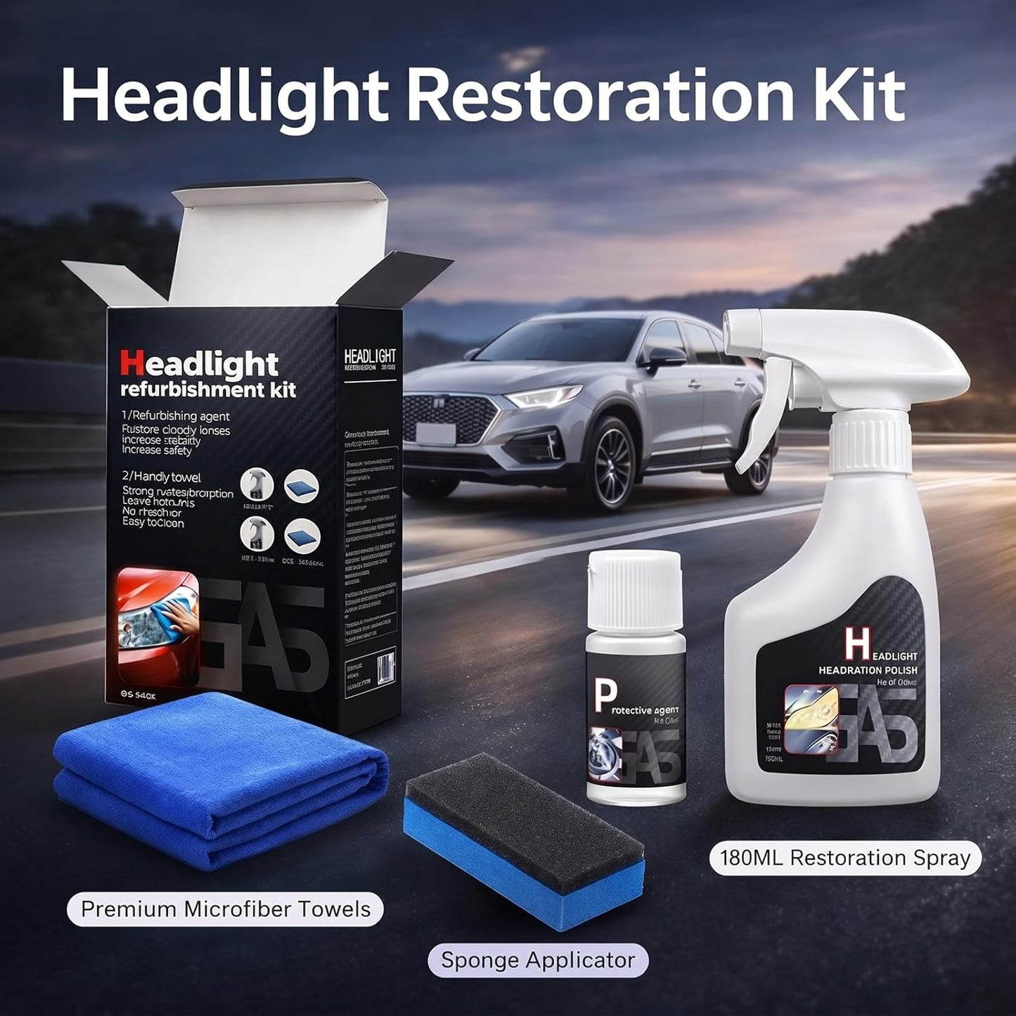 Headlight Restoration Kit Professional Ceramic Coating Headlight Cleaner for Used Car Renovation & Enhance Night Driving Safety for Families & DIY Beginners No Sanding UV Shield Lens Restorer