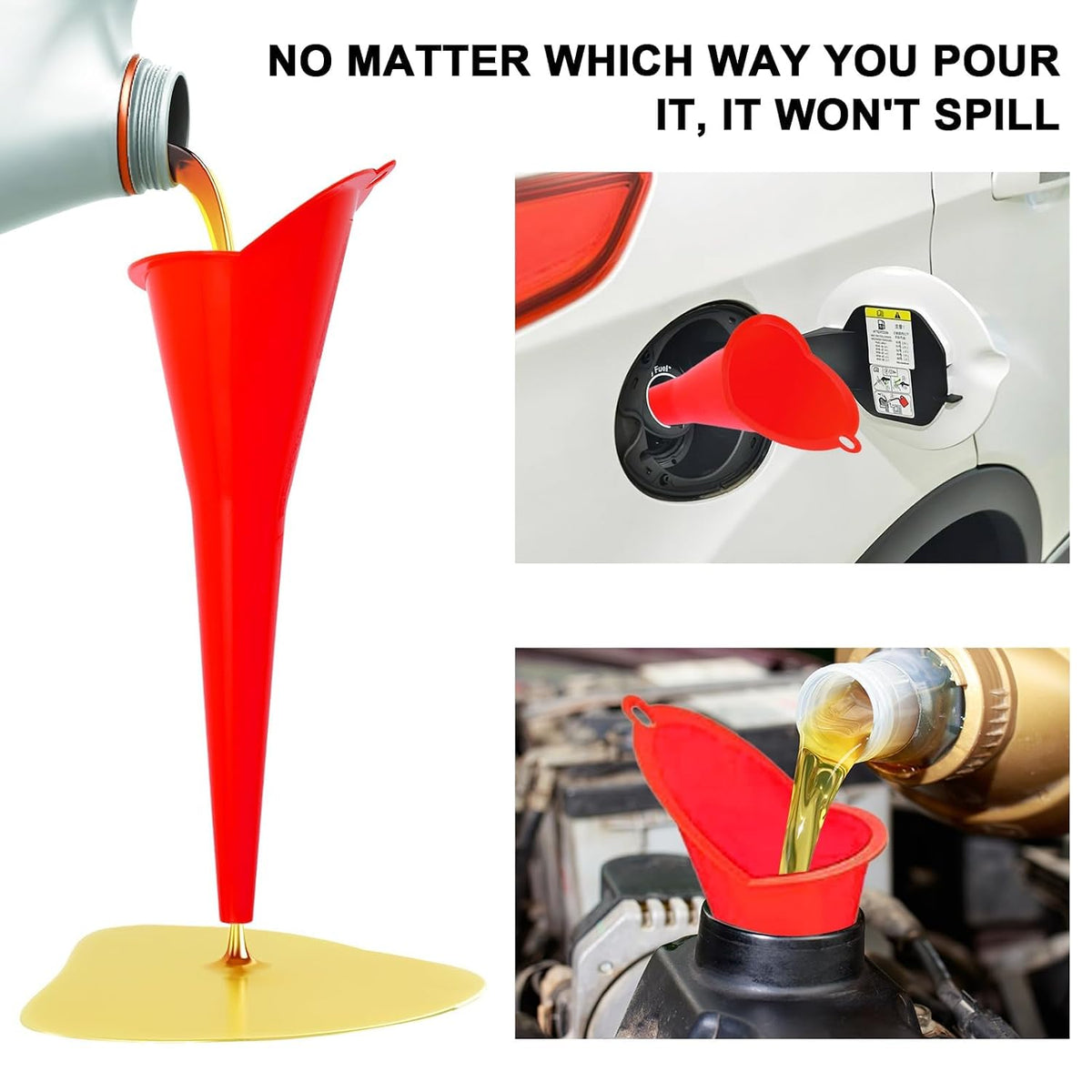3-Pack Long-Neck Oil Funnels, 11" Multi-Purpose Funnels for Automotive & Motorcycle Use – Reusable Funnel for Oil, Gas & Transmission Fluid (Orange&Blue&Black)