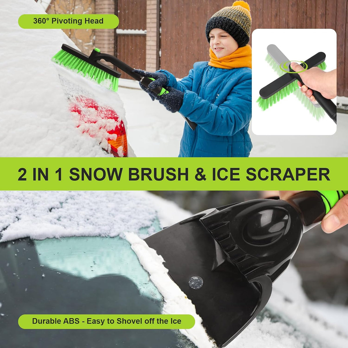 43" Ice Scraper for Car Windshield, Snow Brush with Squeegee, 3 in 1 Snow Removal for Cars with Foam Grip and 180° Pivoting Brush Head for Auto Truck SUV
