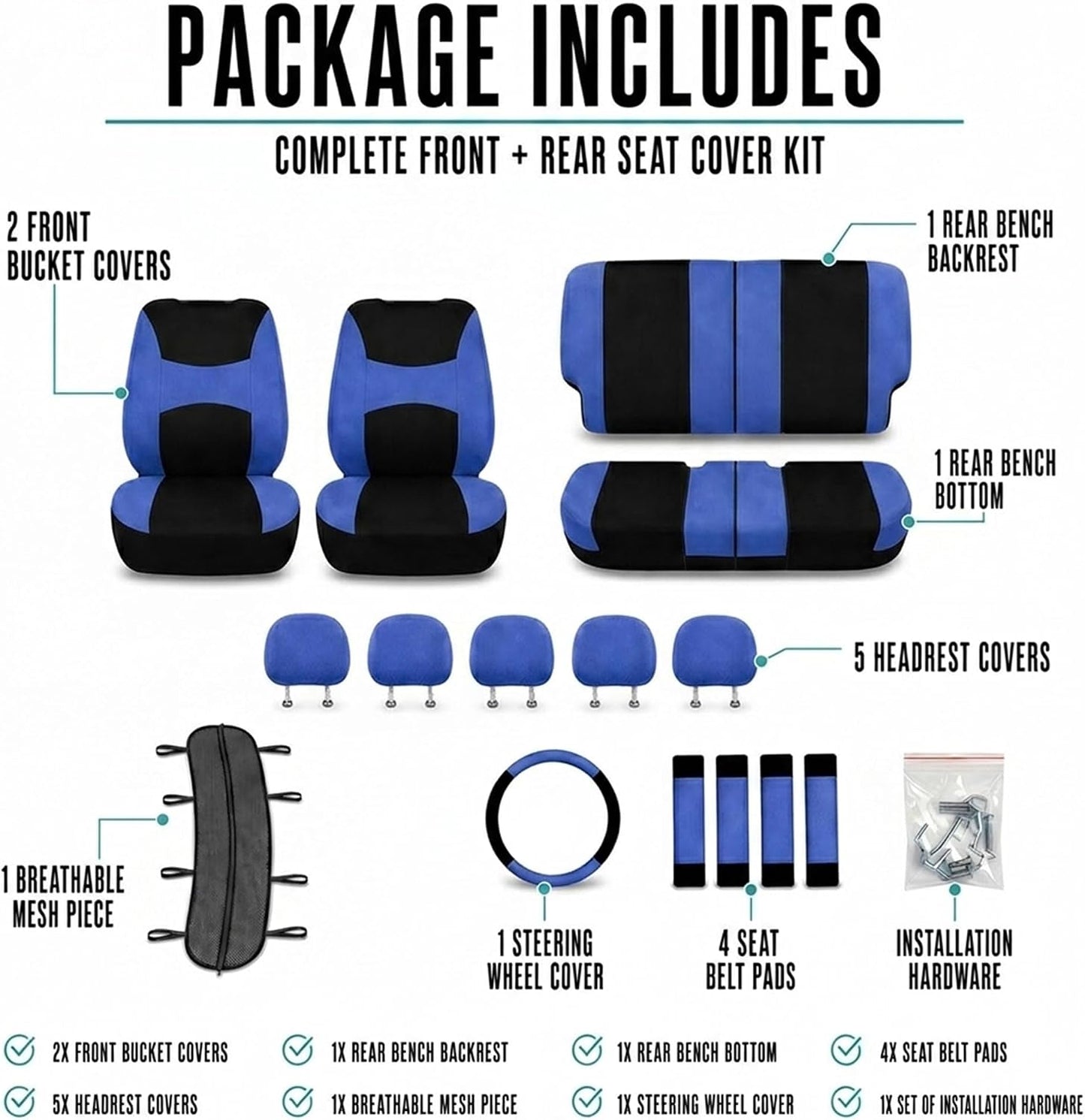 FH Group Full Set Cloth Car Seat Covers, Universal Fit Front and Split Bench Rear, Airbag Compatible, Washable for SUV, Sedan, Van - Black