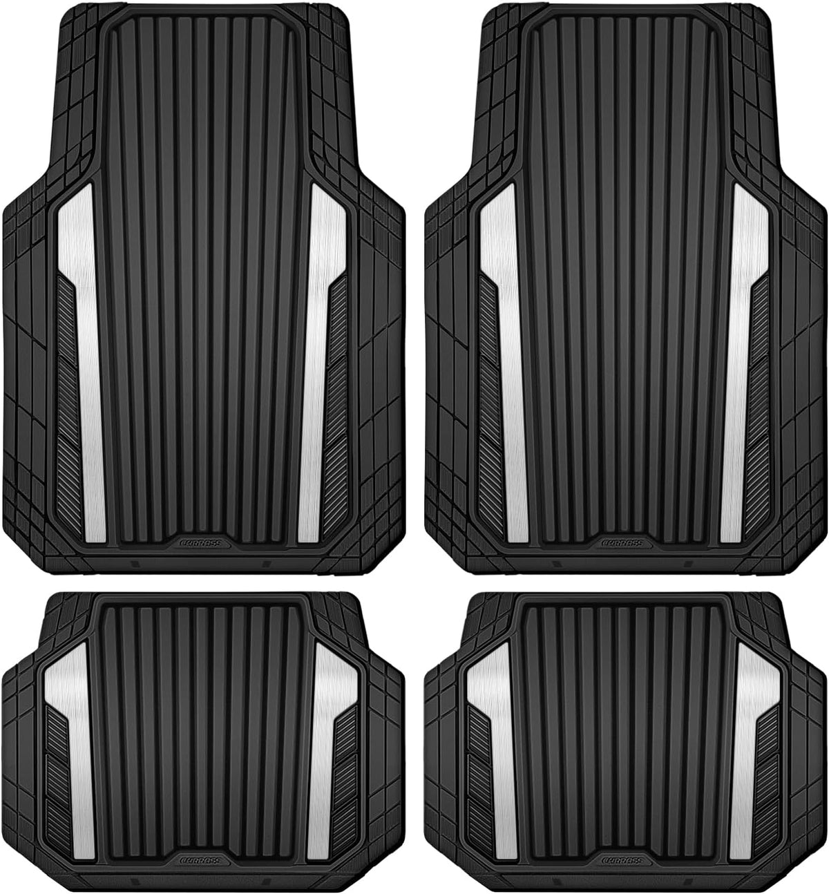 CAR PASS Heavy Duty Rubber Car Mats Metallic, Aluminum Film All Weather Floor Mats Waterproof Universal Trim to Fit Automotive SUV Sedan Van 4 Piece Anodized Deep Dish Two-Tone Sporty Black Red Chrome