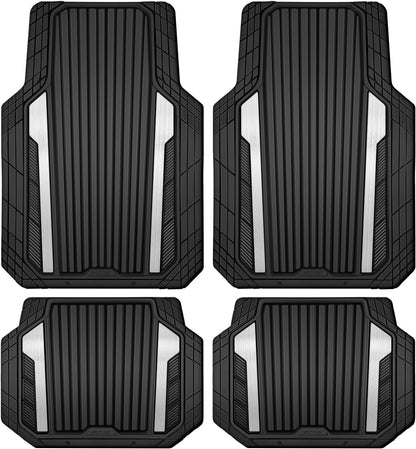 CAR PASS Heavy Duty Rubber Car Mats Metallic, Aluminum Film All Weather Floor Mats Waterproof Universal Trim to Fit Automotive SUV Sedan Van 4 Piece Anodized Deep Dish Two-Tone Sporty Black Red Chrome