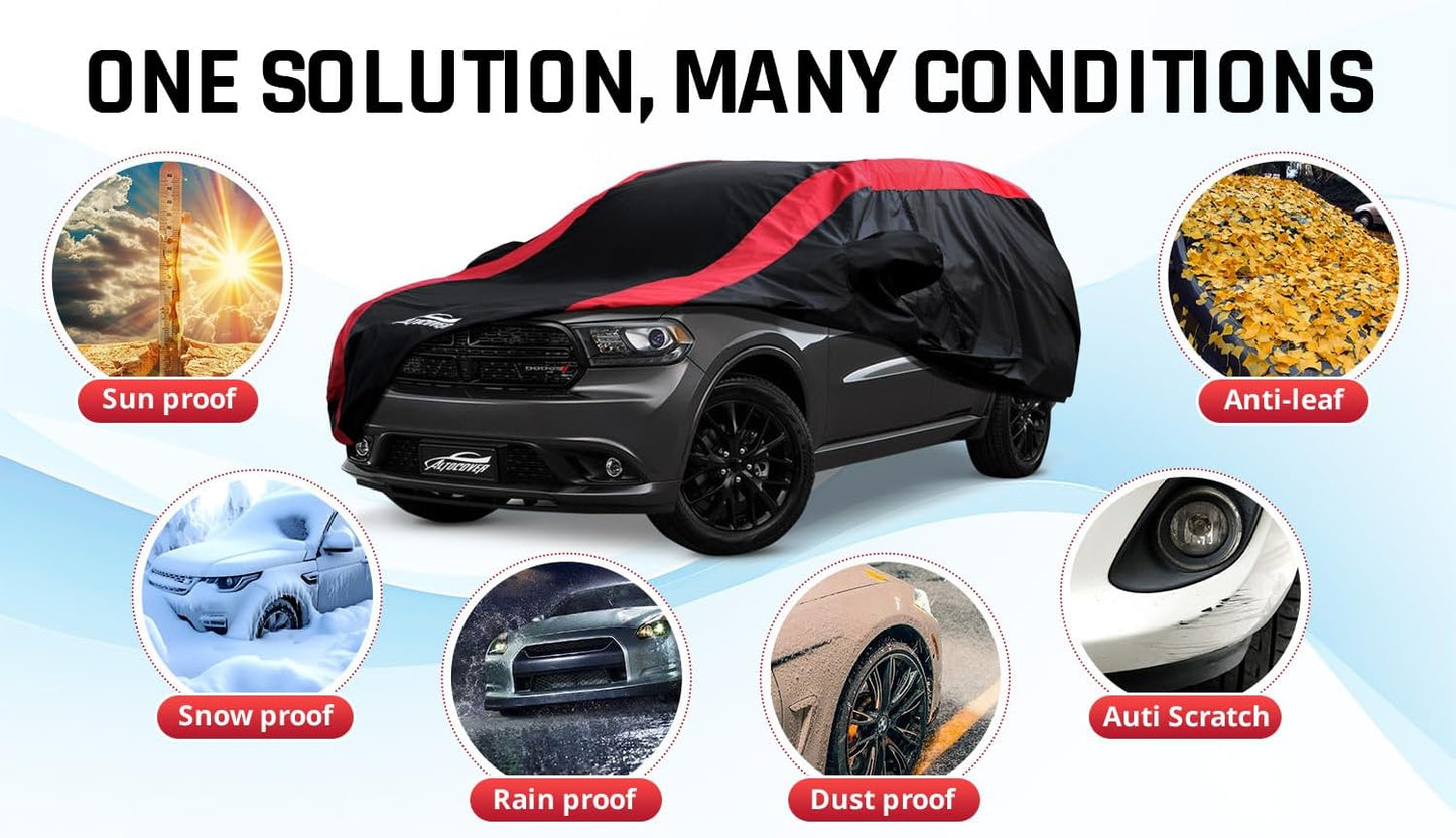 Car Cover Waterproof All Weather Protection with Red Stripe Design, Universal Fit Toyota Camry Solara, Ford Fusion, Kia Stinger Optima, Nissan Maxima, VW Passat, Subaru Legcy