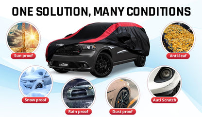 Car Cover Waterproof All Weather Protection with Red Stripe Design, Universal Fit Toyota Camry Solara, Ford Fusion, Kia Stinger Optima, Nissan Maxima, VW Passat, Subaru Legcy