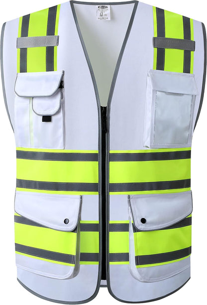 JKSafety 9 Pockets Class 2 High Visibility Zipper Front Safety Vest With Reflective Strips,Meets ANSI/ISEA Standard (Large, 150-Yellow) - Colors A