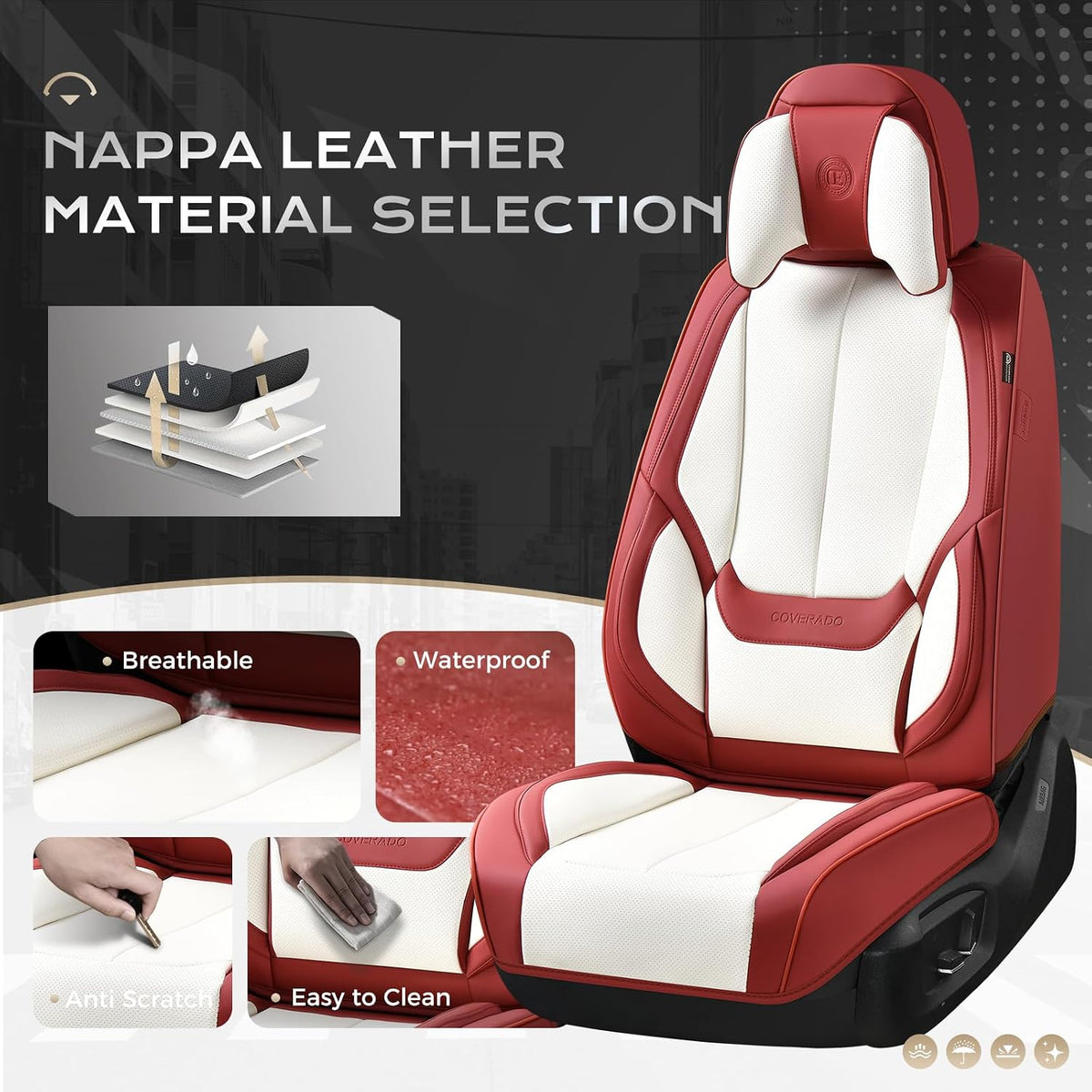 Coverado Seat Covers Full Set, Black Seat Covers for Cars 5 Seats, Car Seat Protector, Waterproof Nappa Leather Car Seat Cushion, Front and Rear Car Seat Cover Fit for Most Sedans SUV Pick-up Truck - Colors B