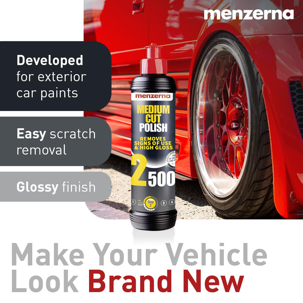 menzerna Medium Cut Polish 2500" I Abrasive Polishing Compound for Medium Scratches and Signs of Use I Buffing and Polishing Compound for Scratch Repair & a Glossy Finish I Silicone Free I 8 fl oz.