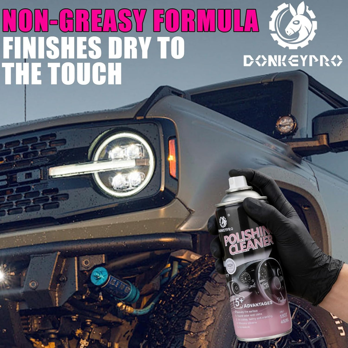 DONKEYPRO Interior Car Cleaner & Polishing - Repels Dust & Staining, Restores & Protects Plastic, Vinyl, Leather, Dashboard - UV Guard, Anti-Aging, Exterior & Interior Car Detailer Spray (3 x 15oz)