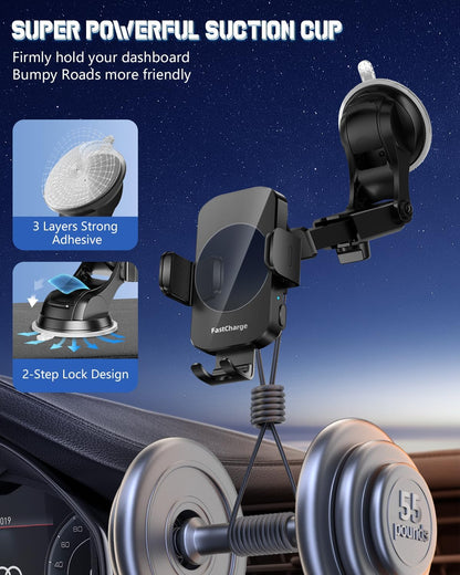3-in-1 Wireless Car Charger Mount, 15W Fast Charging Auto-Clamping Phone Holder for iPhone 17 16 15 14, Samsung Galaxy S24 S23, Dashboard, Vent & Windshield Car Mount(Black)