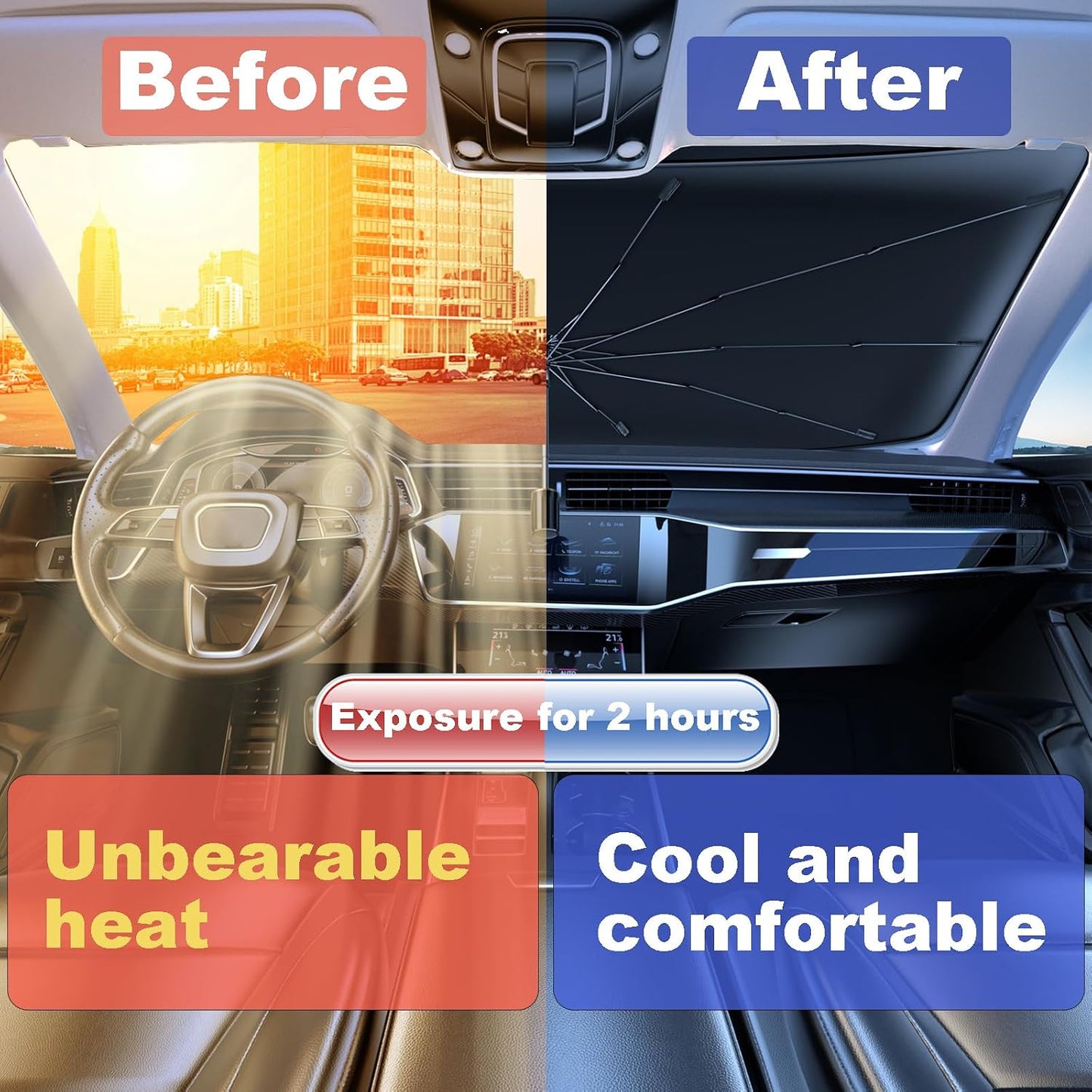 Windshield Sun Shade 2025 Car Accessories 100% Blackout Car Front Windsow Shades Umbrella Automotive Sun Visor Block Heat Insulation Protection (Black Eyes)