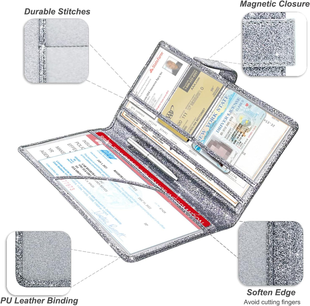 RSAquar Car Registration and Insurance Holder, Vehicle Glove Box Organizer Cool Car Accessories, Auto Truck Document Holder for Cards, Driver License, Black Glitter
