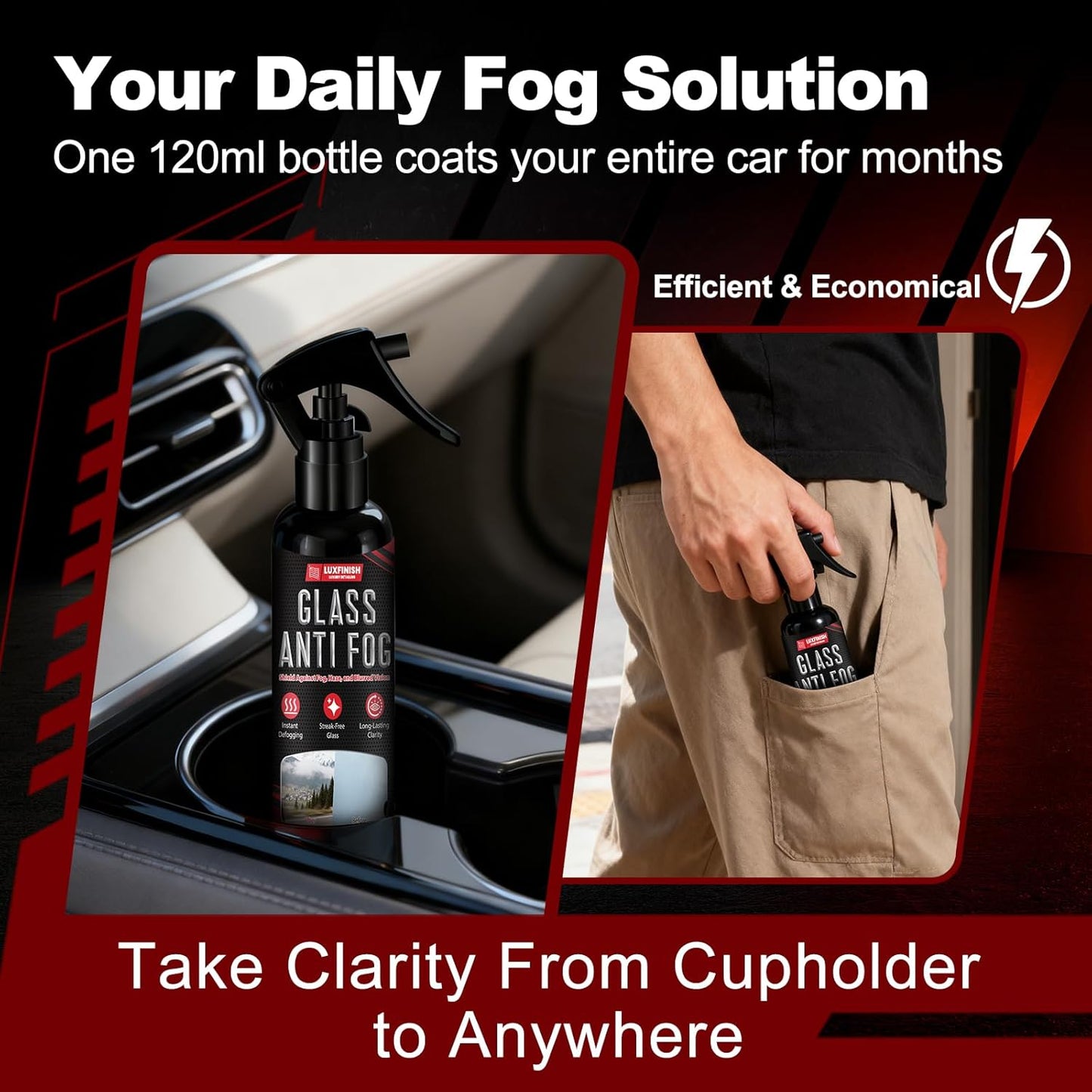 Anti Fog Spray for Glass & Windshield Defogger – 24H Long Lasting Prevention for Car, Mirrors, Windows, Goggles, Shower Door – Streak-Free & Instant Clear with Microfiber Towel, 120ml/4oz
