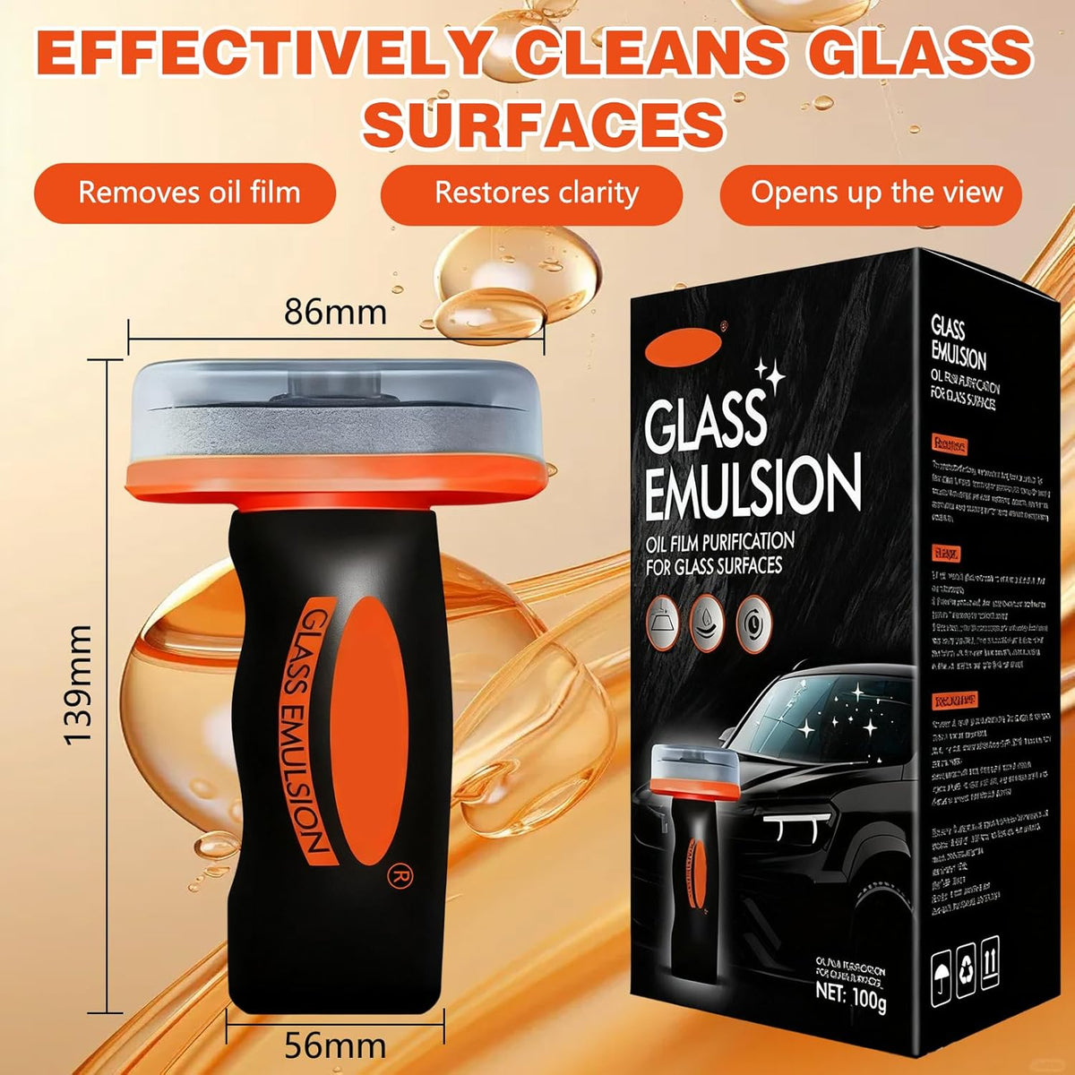 2PCS Glass Emulsion Cleanerr,Glass Oil Film Remover for Car,Roll-On Glass Compound with Cleaning Board,Removes Oil Film & Smudges,Universal Anti-Rain Fog BrushOil Film Remover for Car Windshield(100g)