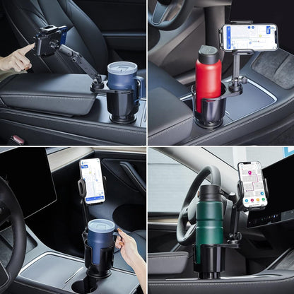 This Hill Car Cup Holder Expander 2-in-1 with Adjustable Base & 360° Rotating Phone Mount, Compatible with iPhone 17 Pro Max and Smartphones up to 4.13", Fits Large Bottles up to 3.78"